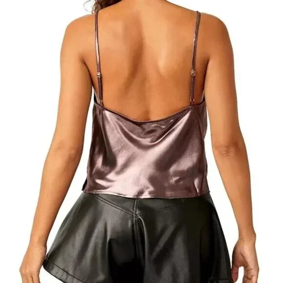 NWT Free People Rose Gold Shimmer Woven Camisole shirt top Large metallic - Picture 3 of 3
